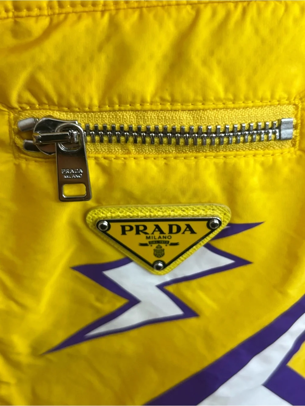 Prada Men’s Yellow Swim Trunks with Purple Lightning Motif